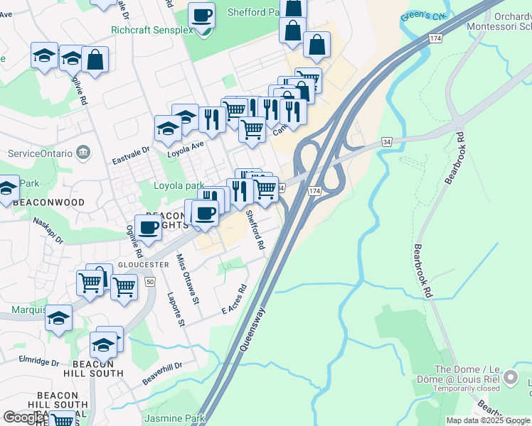 map of restaurants, bars, coffee shops, grocery stores, and more near 2200 Montreal Road in Ottawa