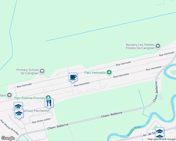 map of restaurants, bars, coffee shops, grocery stores, and more near 2108 Rue Gertrude in Carignan