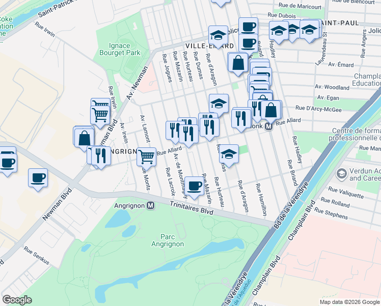 map of restaurants, bars, coffee shops, grocery stores, and more near 6826 Rue Jogues in Montréal