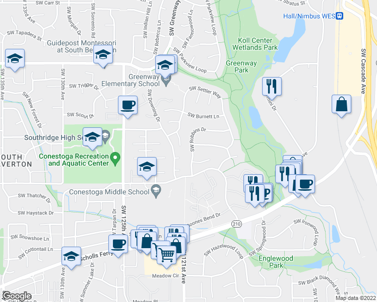 map of restaurants, bars, coffee shops, grocery stores, and more near 9640 Southwest Luelling Place in Beaverton