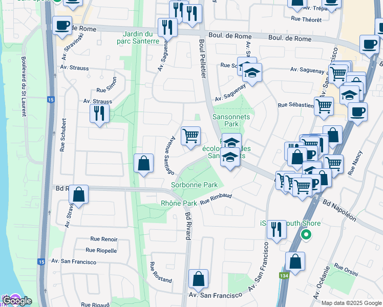 map of restaurants, bars, coffee shops, grocery stores, and more near 1580 Croissant de Salzbourg in Brossard