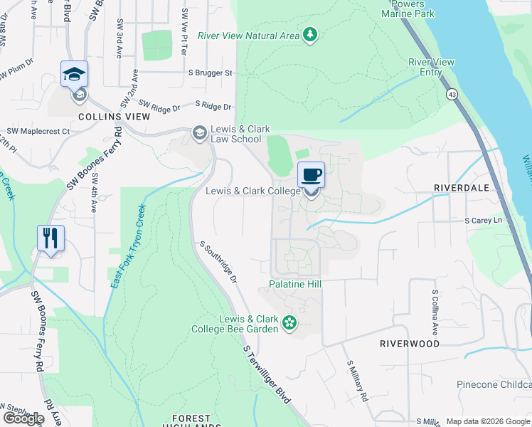 map of restaurants, bars, coffee shops, grocery stores, and more near 620 Southwest Palatine Hill Road in Portland