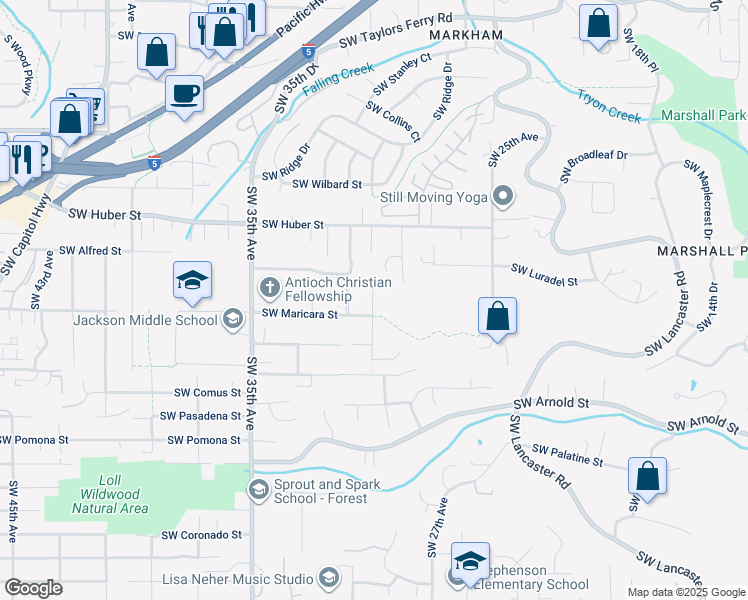 map of restaurants, bars, coffee shops, grocery stores, and more near 10510 Southwest 30th Avenue in Portland