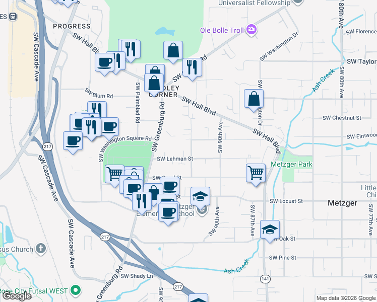 map of restaurants, bars, coffee shops, grocery stores, and more near 9665 Southwest 92nd Avenue in Portland