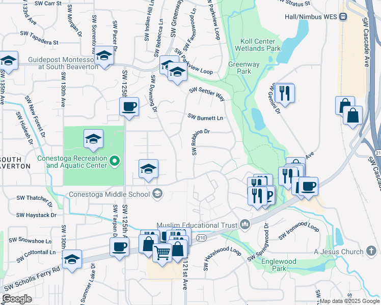 map of restaurants, bars, coffee shops, grocery stores, and more near 9640 Southwest Luelling Place in Beaverton