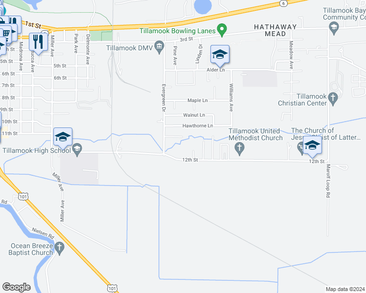 map of restaurants, bars, coffee shops, grocery stores, and more near 3416 Domingo Court in Tillamook