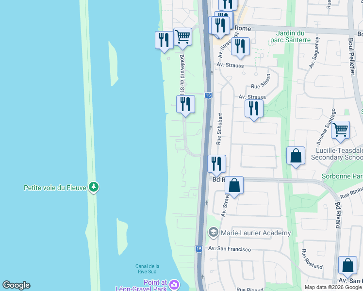 map of restaurants, bars, coffee shops, grocery stores, and more near 8310 Boulevard du Saint Laurent in Brossard
