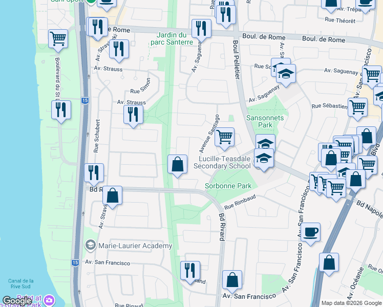 map of restaurants, bars, coffee shops, grocery stores, and more near 1840 Croissant Salvador in Brossard