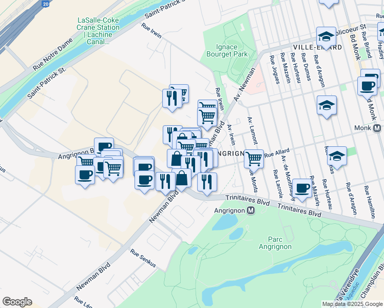map of restaurants, bars, coffee shops, grocery stores, and more near 6801 Boulevard Newman in Montréal