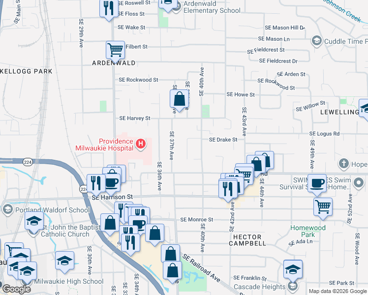 map of restaurants, bars, coffee shops, grocery stores, and more near 10185 Southeast 38th Avenue in Milwaukie