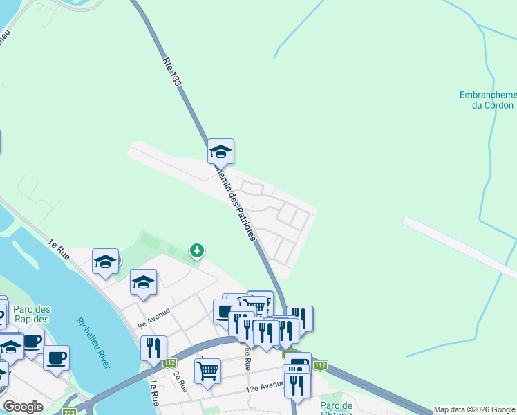map of restaurants, bars, coffee shops, grocery stores, and more near 50 Chemin des Patriotes in Montérégie