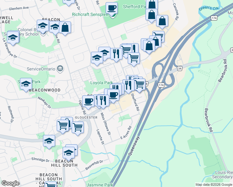 map of restaurants, bars, coffee shops, grocery stores, and more near 2111 Montreal Road in Ottawa