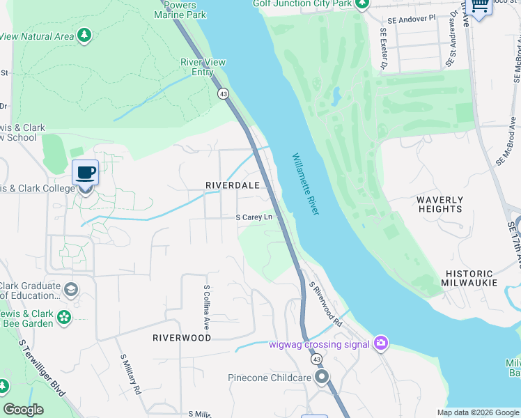 map of restaurants, bars, coffee shops, grocery stores, and more near 1911 South Carey Lane in Portland