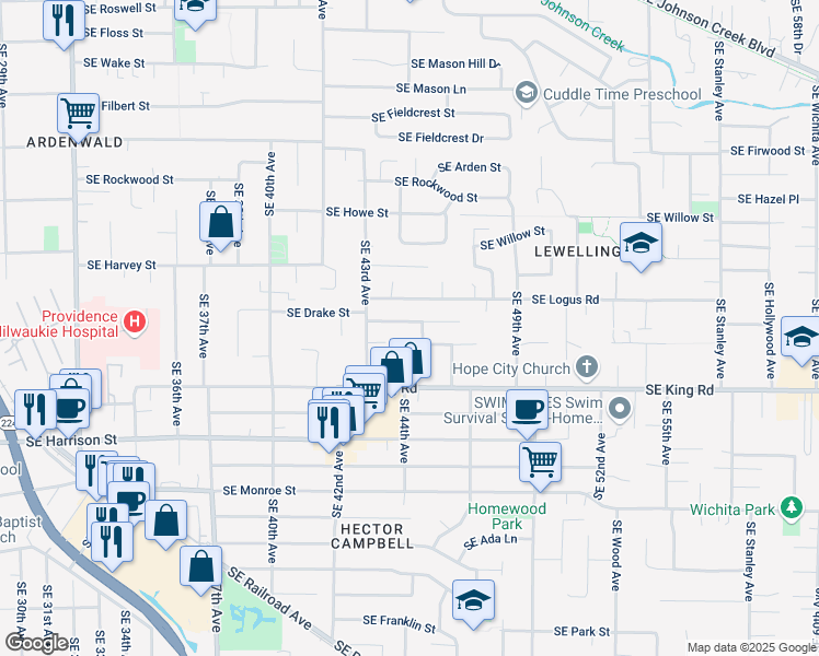map of restaurants, bars, coffee shops, grocery stores, and more near 4315 Southeast Rhodesa Street in Milwaukie