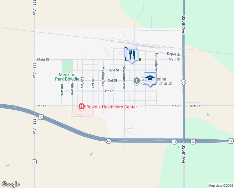 map of restaurants, bars, coffee shops, grocery stores, and more near 4th Street in Bowdle