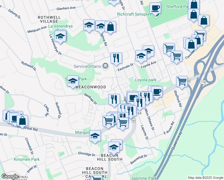 map of restaurants, bars, coffee shops, grocery stores, and more near 1395 Lassiter Terrace in Ottawa