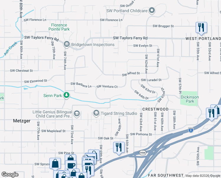 map of restaurants, bars, coffee shops, grocery stores, and more near 9665 Southwest Ventura Court in Tigard