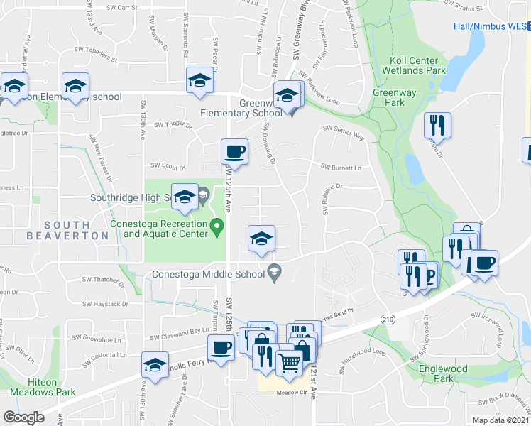 map of restaurants, bars, coffee shops, grocery stores, and more near 9660 Southwest Prairie Terrace in Beaverton
