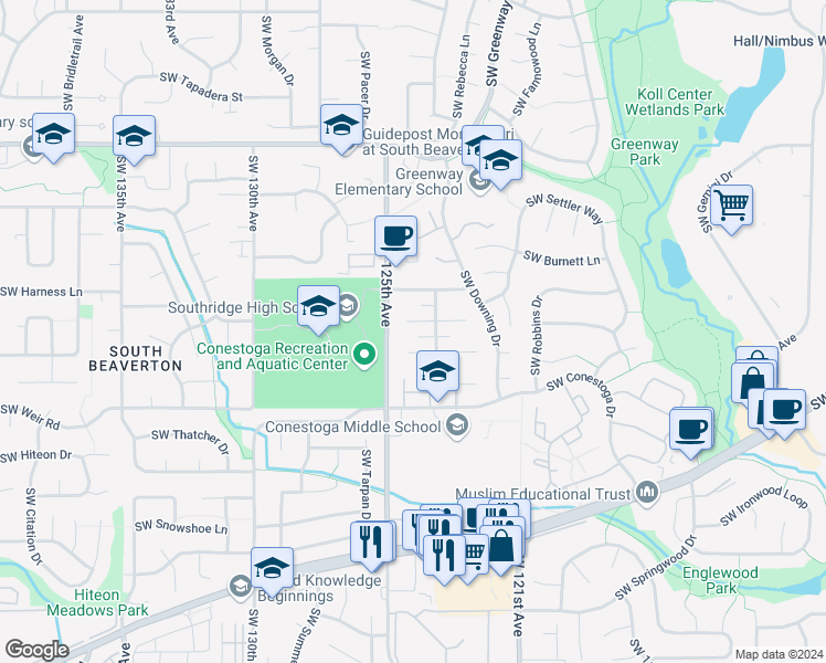 map of restaurants, bars, coffee shops, grocery stores, and more near 12485 Southwest Chaps Court in Beaverton