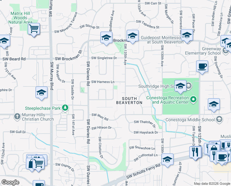 map of restaurants, bars, coffee shops, grocery stores, and more near 9680 Southwest Buckskin Terrace in Beaverton