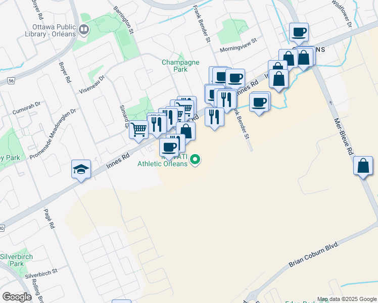 map of restaurants, bars, coffee shops, grocery stores, and more near 3742 Innes Road in Ottawa