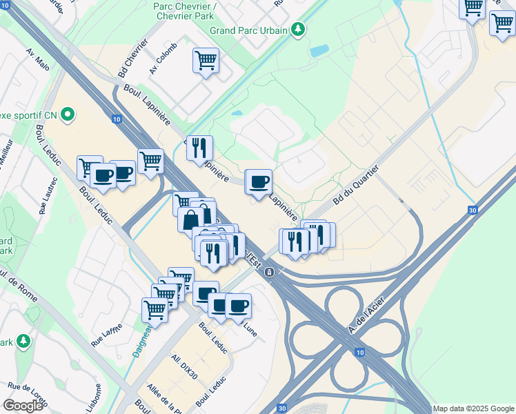 map of restaurants, bars, coffee shops, grocery stores, and more near 4905 Boulevard Lapinière in Brossard