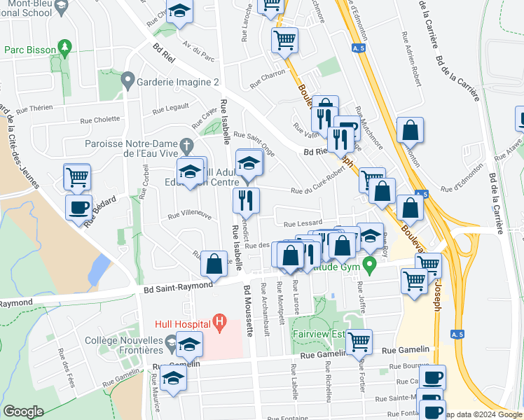 map of restaurants, bars, coffee shops, grocery stores, and more near 176 Rue Archambault in Gatineau