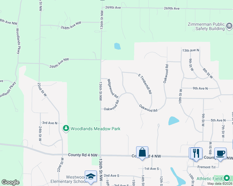 map of restaurants, bars, coffee shops, grocery stores, and more near 26437 Ridgewood Road in Zimmerman