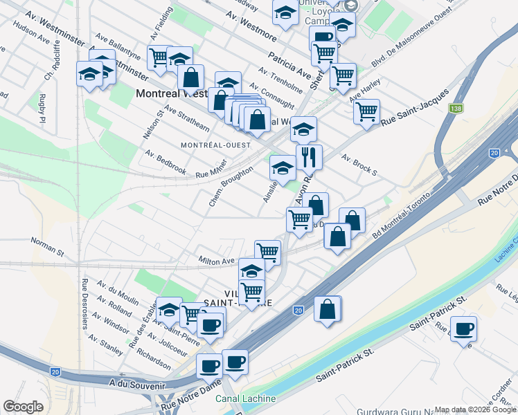 map of restaurants, bars, coffee shops, grocery stores, and more near 63 Ainslie Road in Montreal West