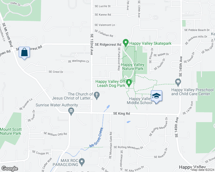 map of restaurants, bars, coffee shops, grocery stores, and more near 10143 Southeast 134th Avenue in Happy Valley