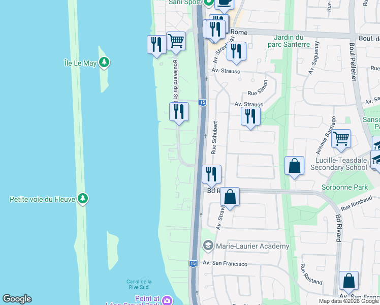 map of restaurants, bars, coffee shops, grocery stores, and more near 8355 Boulevard du Saint Laurent in Brossard
