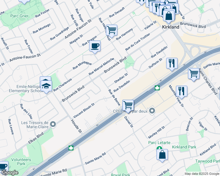 map of restaurants, bars, coffee shops, grocery stores, and more near 2 Rue de Shediac in Kirkland