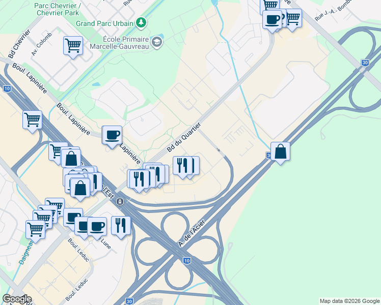 map of restaurants, bars, coffee shops, grocery stores, and more near Rue de l'Équateur in Brossard