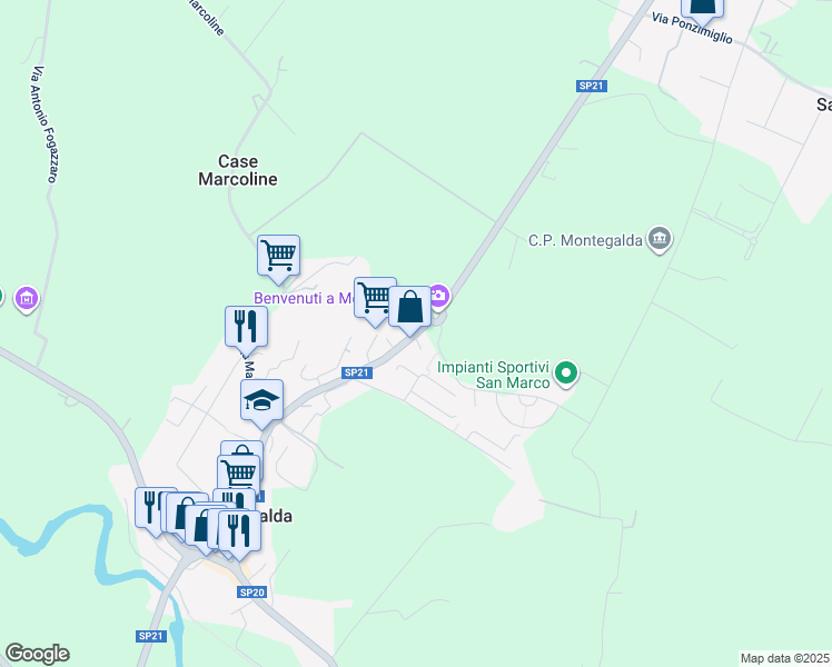 map of restaurants, bars, coffee shops, grocery stores, and more near 33 Via Zocco in Montegalda
