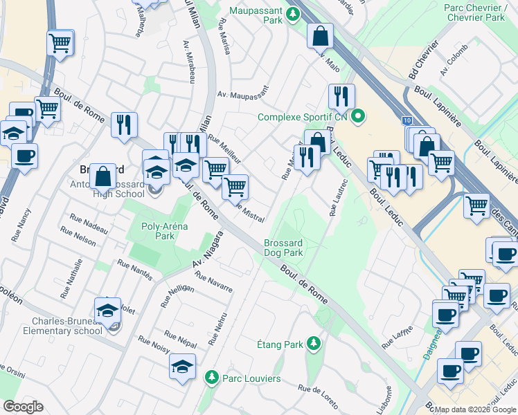 map of restaurants, bars, coffee shops, grocery stores, and more near 3306 Rue de Miquelon in Brossard