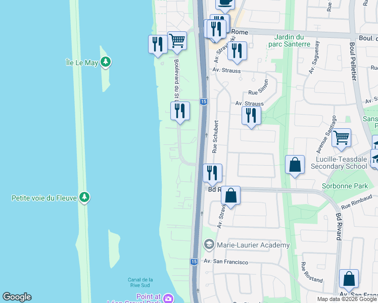 map of restaurants, bars, coffee shops, grocery stores, and more near 8345 Boulevard du Saint Laurent in Brossard
