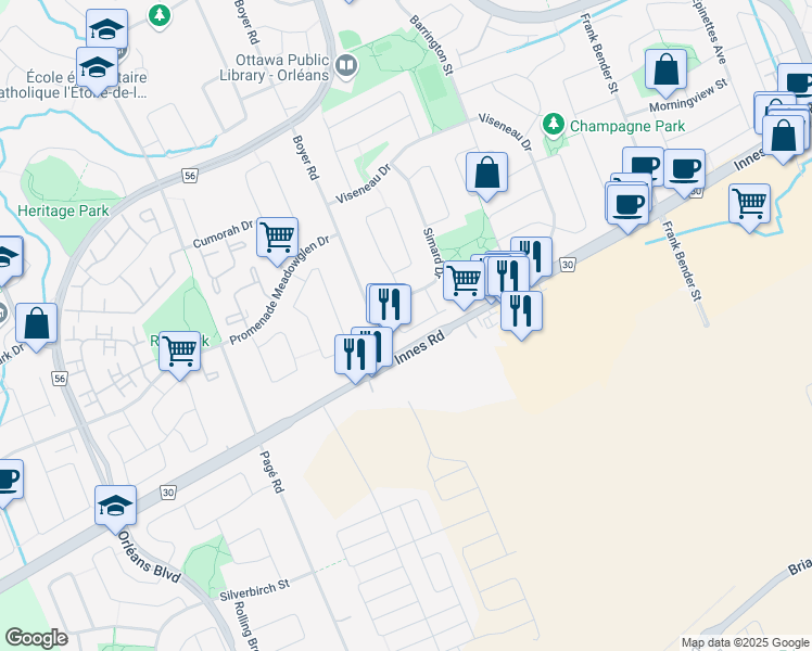 map of restaurants, bars, coffee shops, grocery stores, and more near 6353 Mary Jane Crescent in Ottawa