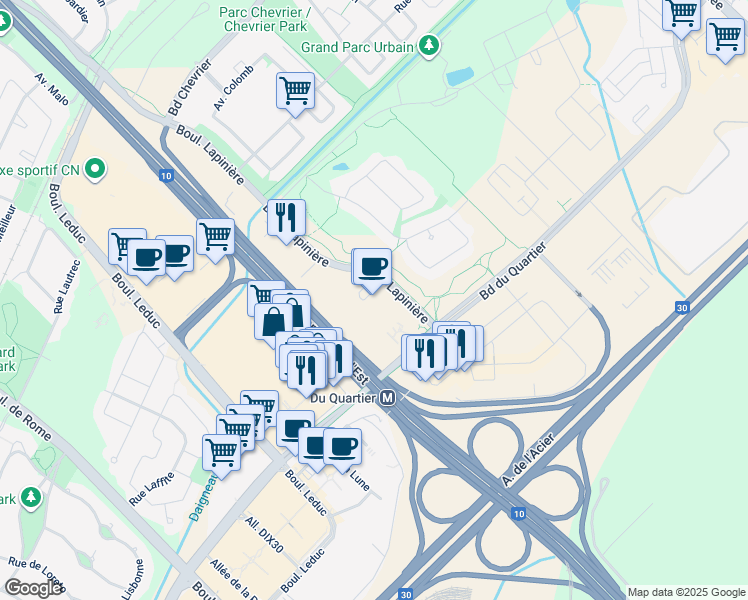 map of restaurants, bars, coffee shops, grocery stores, and more near 4905 Boulevard Lapinière in Brossard