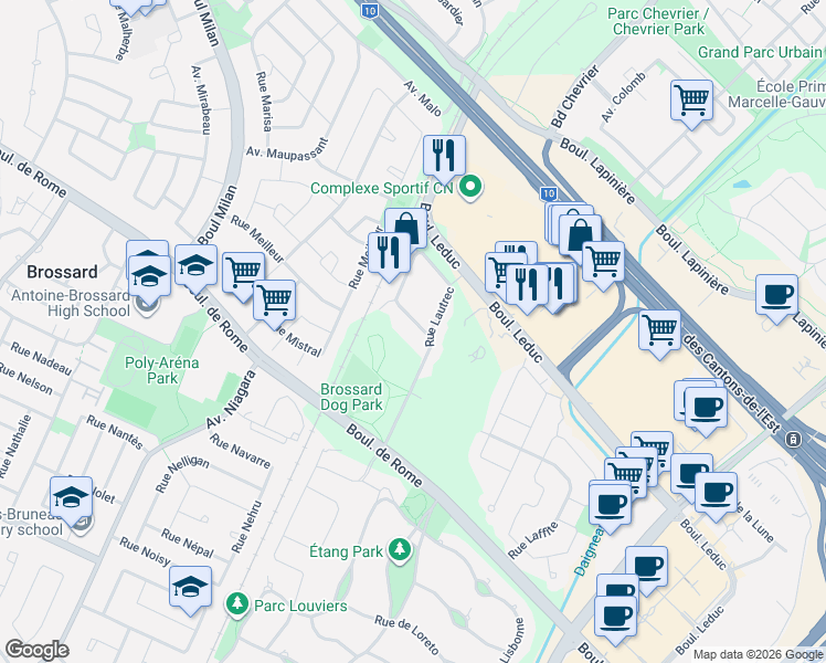 map of restaurants, bars, coffee shops, grocery stores, and more near Rue Lautrec in Brossard
