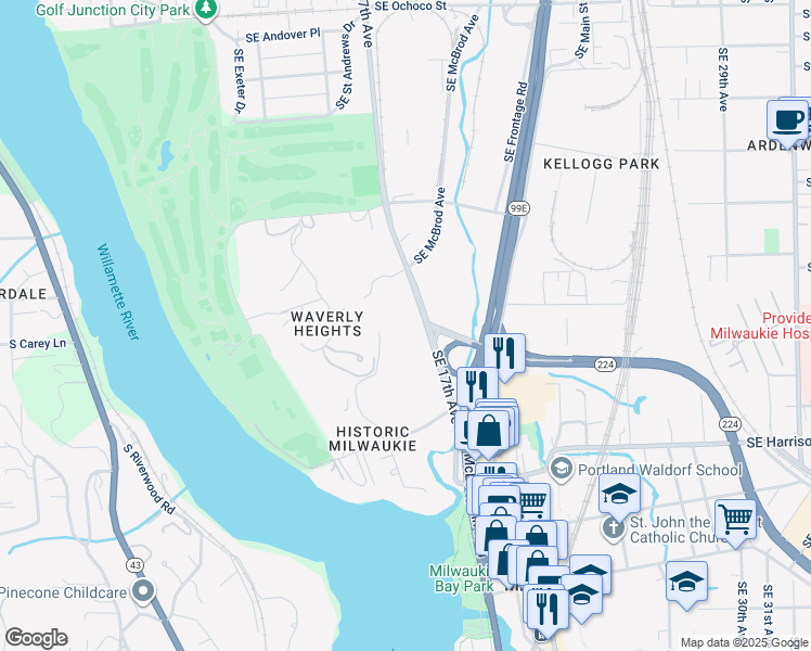 map of restaurants, bars, coffee shops, grocery stores, and more near 10030 Southeast Waverly Court in Milwaukie