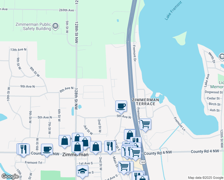 map of restaurants, bars, coffee shops, grocery stores, and more near 865 East Boulevard in Zimmerman