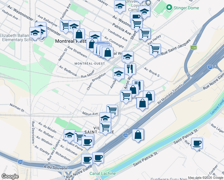 map of restaurants, bars, coffee shops, grocery stores, and more near 56 Ainslie Road in Montreal West