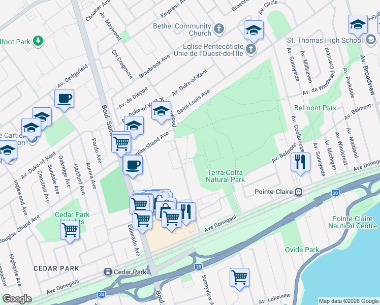 map of restaurants, bars, coffee shops, grocery stores, and more near 7 Avenue Viburnum in Pointe-Claire