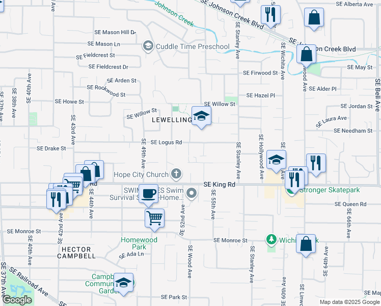 map of restaurants, bars, coffee shops, grocery stores, and more near 5262 Southeast Logus Road in Milwaukie