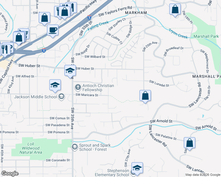 map of restaurants, bars, coffee shops, grocery stores, and more near 10510 Southwest 30th Avenue in Portland