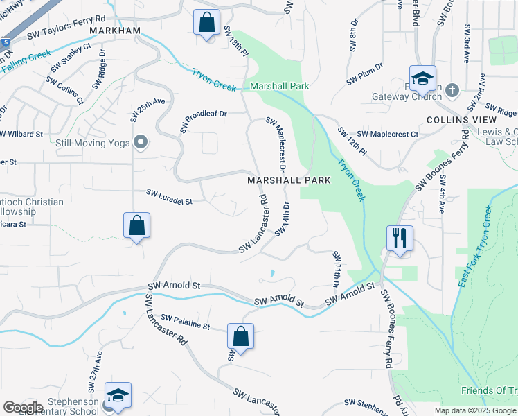 map of restaurants, bars, coffee shops, grocery stores, and more near 10401 Southwest Lancaster Road in Portland