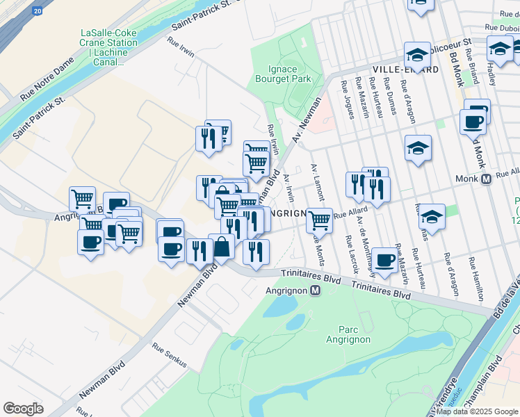 map of restaurants, bars, coffee shops, grocery stores, and more near 6850 Boulevard Newman in Montréal