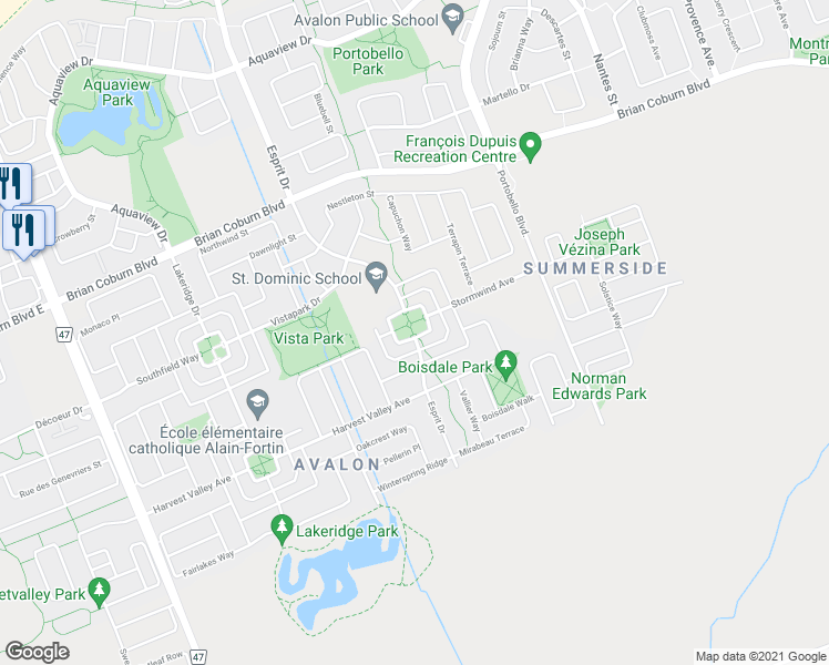 map of restaurants, bars, coffee shops, grocery stores, and more near 2416 Esprit Drive in Ottawa