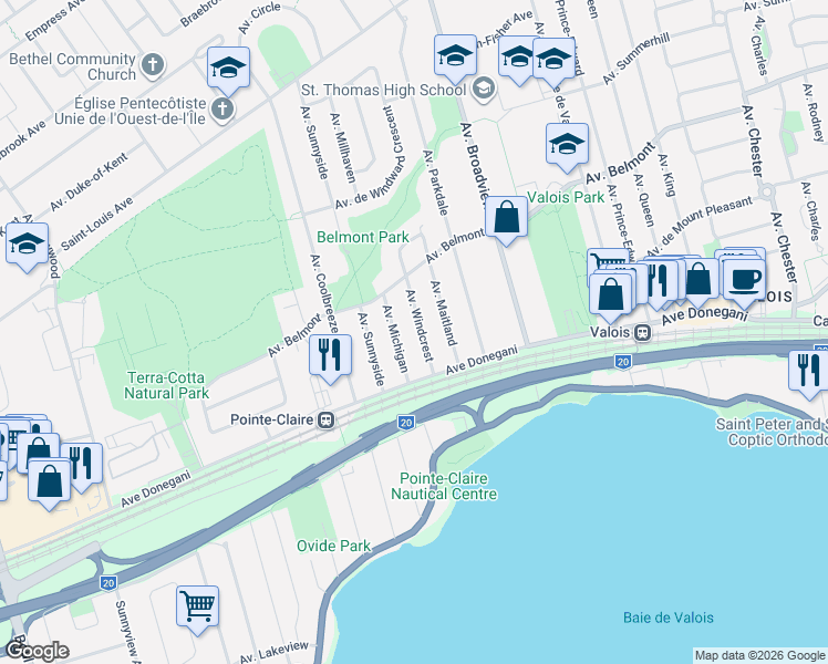 map of restaurants, bars, coffee shops, grocery stores, and more near 112 Avenue Windcrest in Pointe-Claire