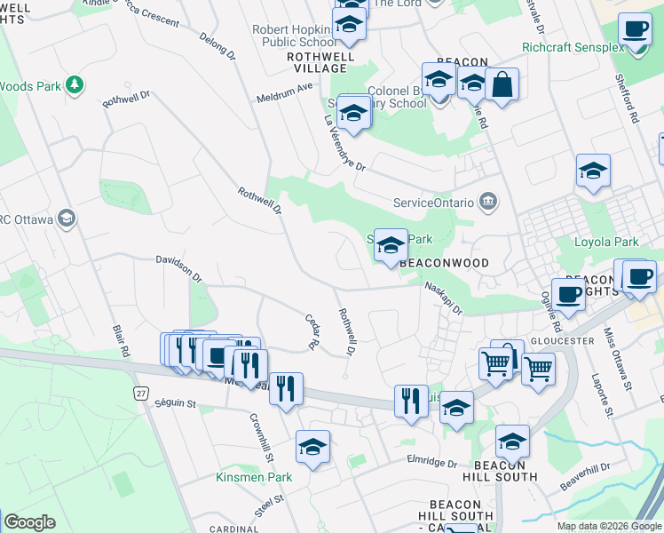 map of restaurants, bars, coffee shops, grocery stores, and more near in Ottawa